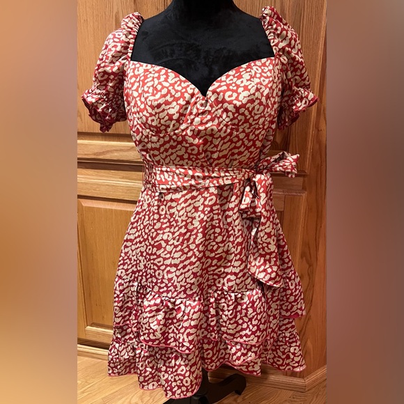 MAJORELLE Shiloh Puff Sleeve Waist Tie Ruffle Mini Dress Red Leopard Size Large‎ - Picture 6 of 16